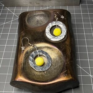 Hammered Silver Hoop Earrings with Yellow Bead Accent